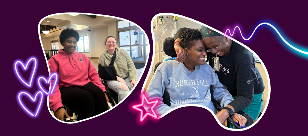 Two photos framed by wavy white borders on a purple background: Left, two women smile together indoors. Right, two women share a joyful moment in a rehabilitation setting. Neon heart and star designs add hope to the image.