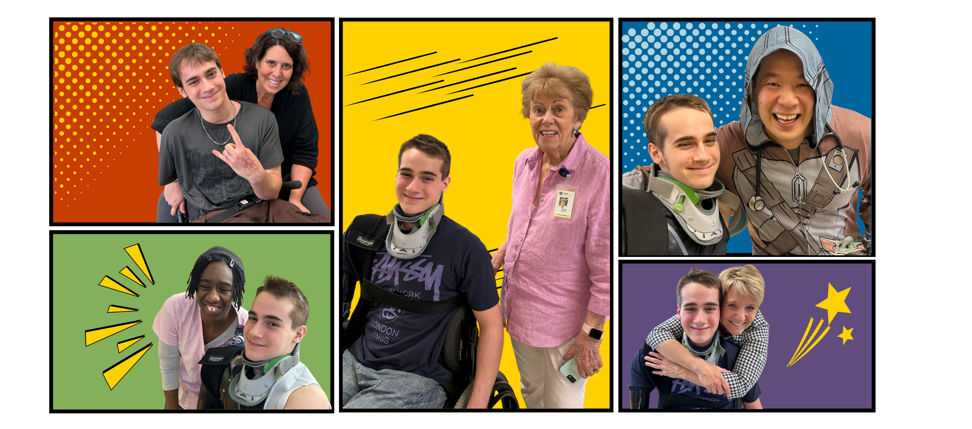 A collage of four photos featuring Jake with different people on his care team at Shepherd, set against colorful, comic-style backgrounds. The scenes show supportive interactions with hugs and smiles.