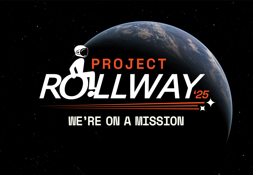 Text on a space-themed background with Earth in view: "Project Rollway '25" with an astronaut sitting on the letter "O." Below, it says, "We're on a mission.