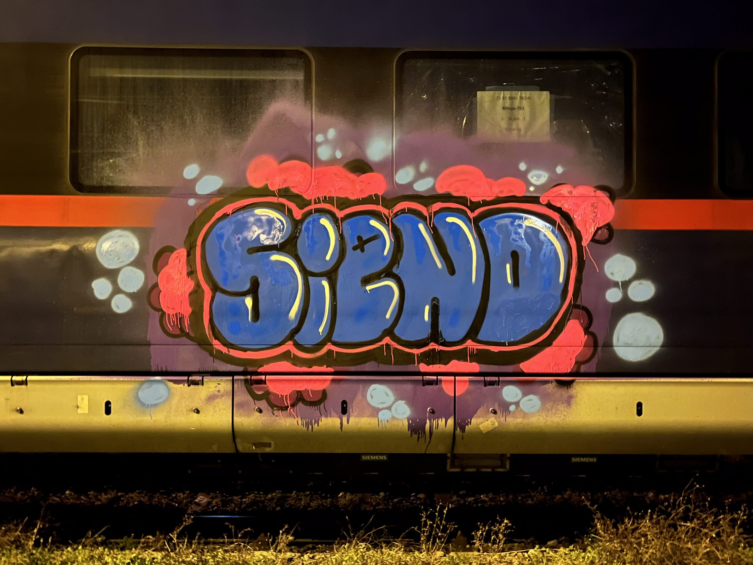 Street art on the side of a train features the word 